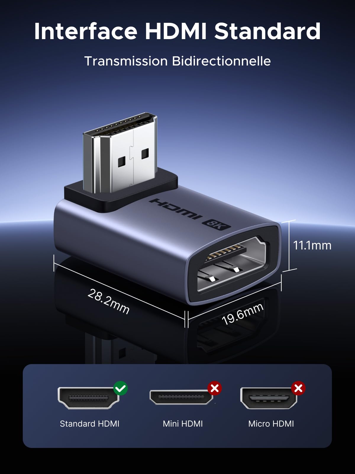 UGREEN Adaptateur HDMI 2.1 8K Coudé 90 et 270 Lot de 2 8K 60Hz 4K 240Hz Bidirectionnel Convertisseur HDMI 2.1 Mâle vers Femelle 48Gbps eARC HDR en Aluminium Compatible avec PC HDTV Projecteur Monitor