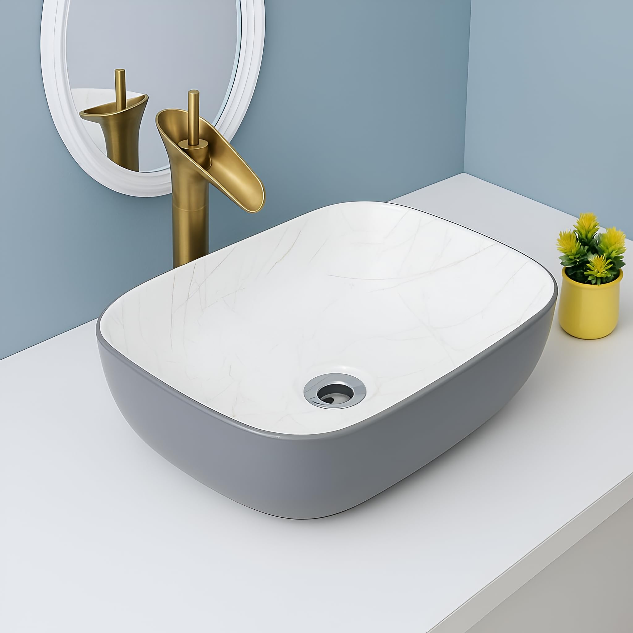 SEA SHORE Modern Designer Ceramic Wash Basin β Countertop Table Top Sink with Slim Rim for Bathroom/Living Room (18 x 13 x 5.5 Inch, Grey & White) 2