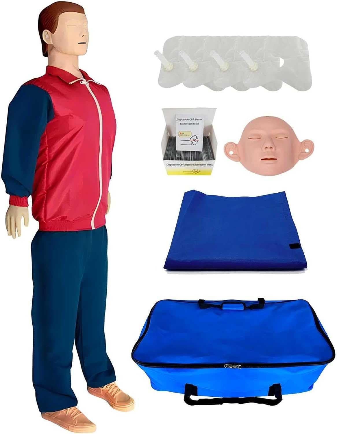 Maniquí RCP de Cuerpo Completo para Entrenamiento - Muñeco de Reanimación con Piel Facial Reemplazable, 4 Pulmones de Repuesto, 50 Mascarillas y Bolsa de Transporte