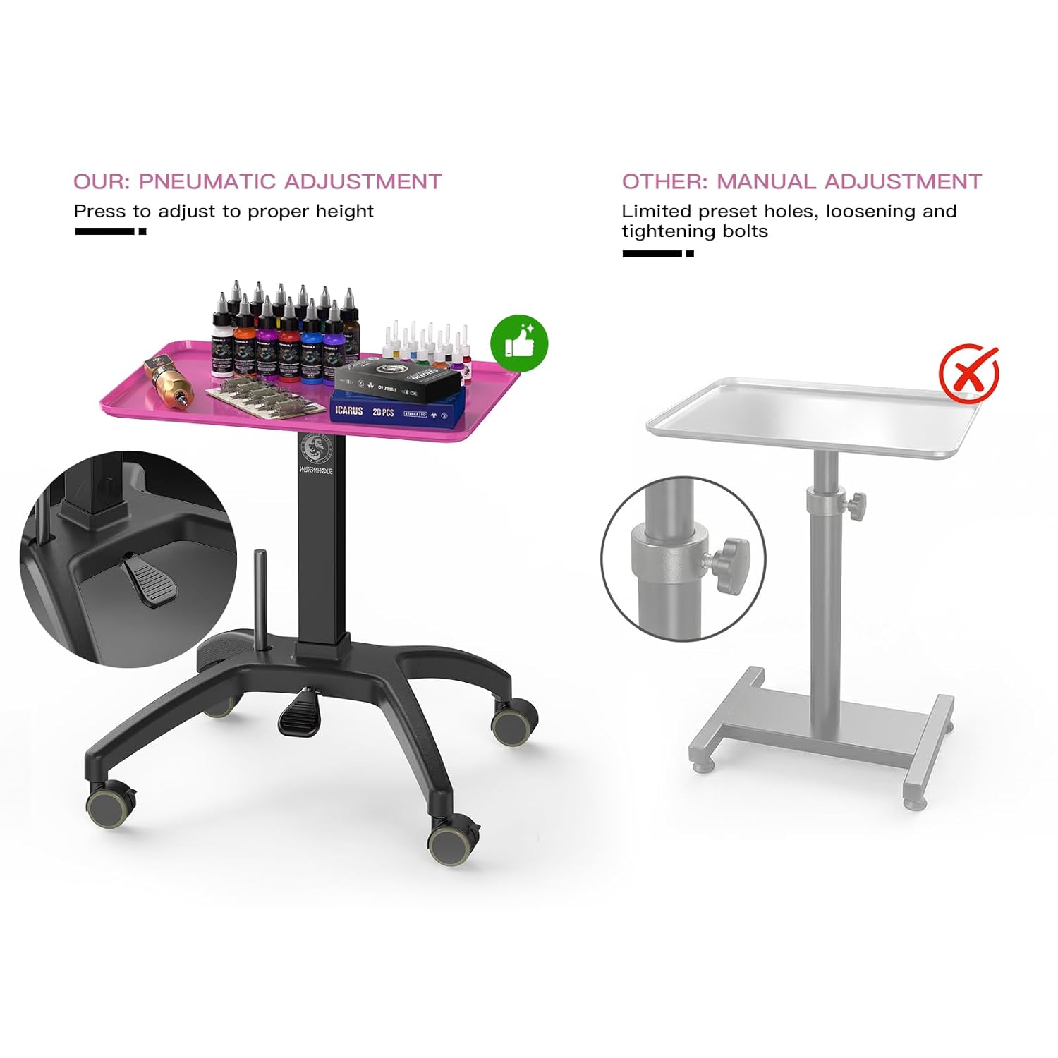 Wormhole Tattoo Tray Tattoo Table with Wheels Trolley Adjustable Height, Tattoo Workstation for Salon Tattoo Supplies and Equipment-Pink