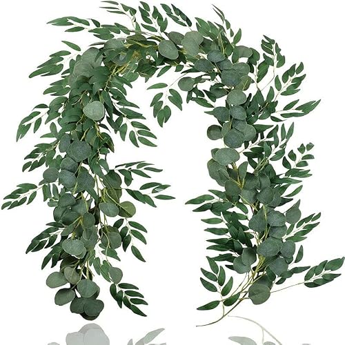 ARIATI 4 Pcs Artificial Eucalyptus Garland 26Ft with Willow Leaves Fake Hanging Greenery Vines Table Runner Garland for Wedding Backdrop Arch Wall Decor