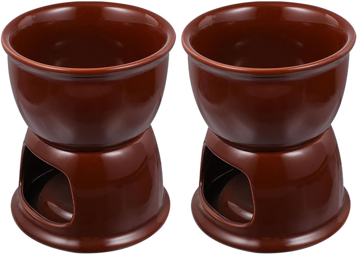 Luxshiny 2pcs Ceramic Chocolate Melting Cups and Cheese Fondue Pots Brown Porcelain Fondue Cookware for Sweet Sauces and Dips Home and Restaurant Use