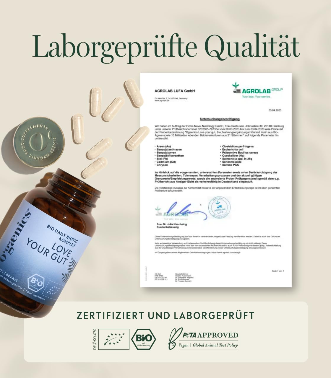 Ogaenics Love Your Gut Darmbakterien Komplex: 21 Stämmen + Inavea™ Bio-Akazienfaser, u.a. Lactobacillus & Bifidobakterien, 20 Mrd. KbE/Kapsel, vegan, bio, laborgeprüft, produziert in DE, 60 Kapseln