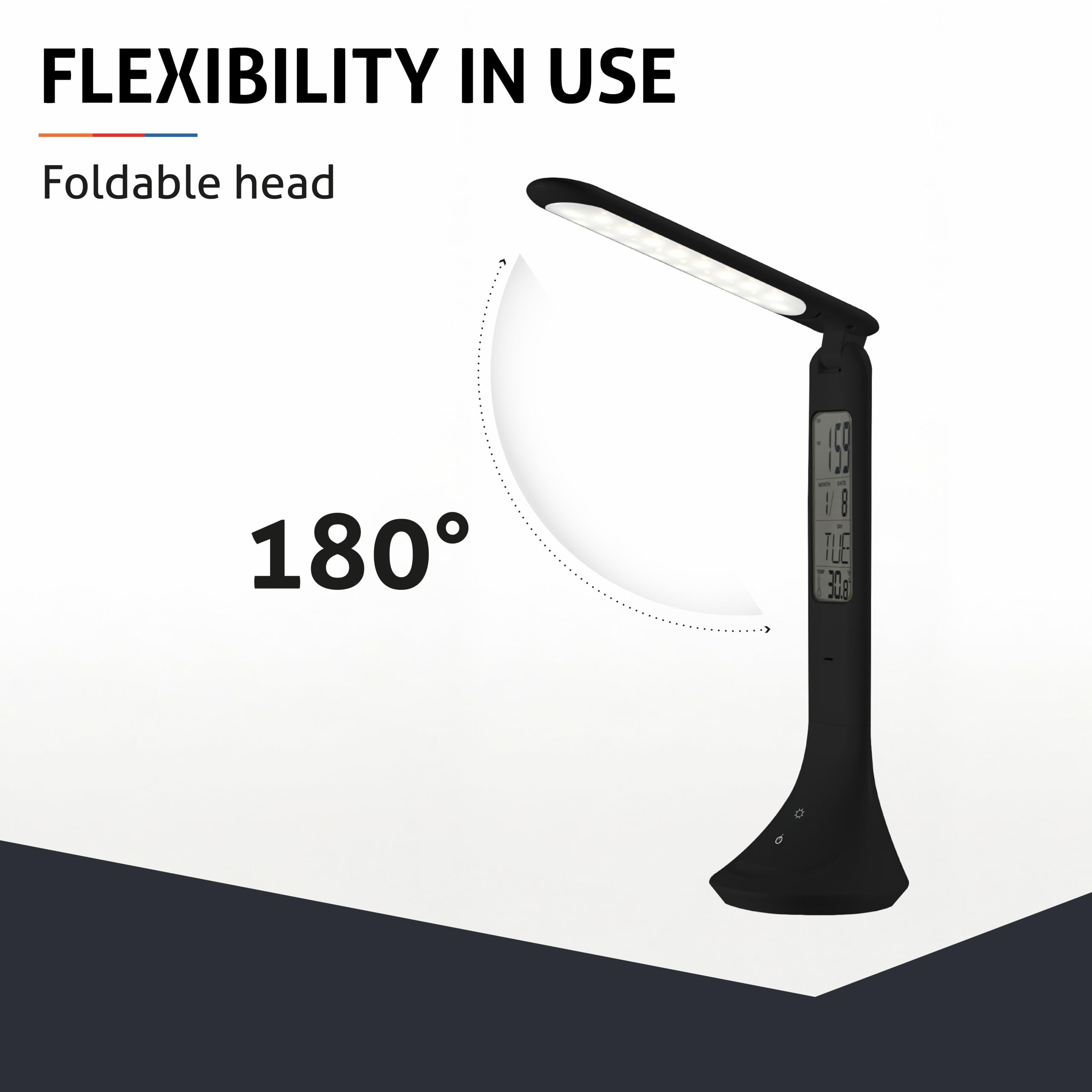 Calendar - Lampada da scrivania a LED, 5 W, classe di efficienza energetica A+ | Lampada da tavolo dimmerabile a 3 livelli con display LCD per ora, data e temperatura (nero)