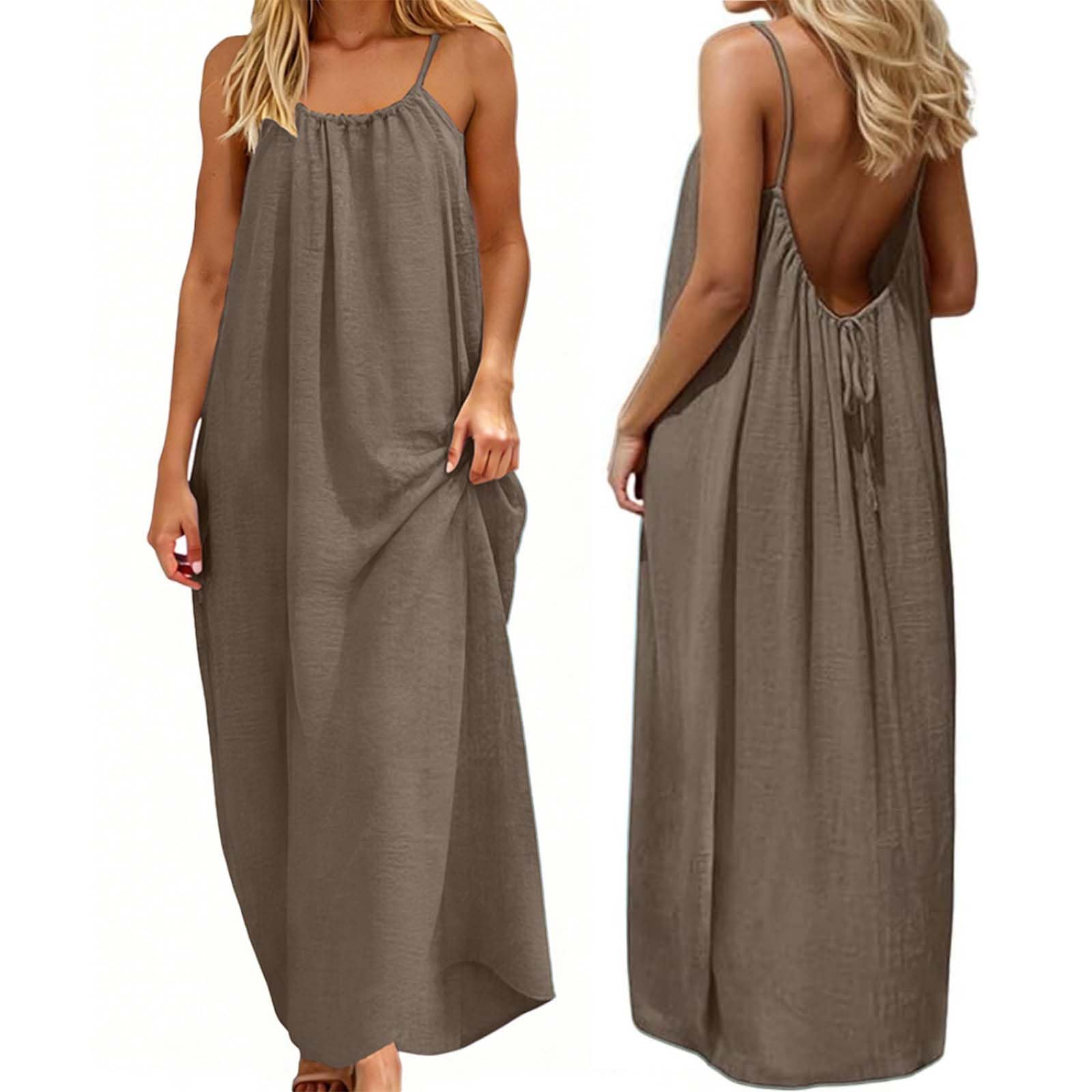 Eahusar Summer Dresses for Women Backless Spaghetti Strap Cami Solid Sundress Flowy Loose Long House Vacation Beach Dress with Back Tie（XXL,Brown