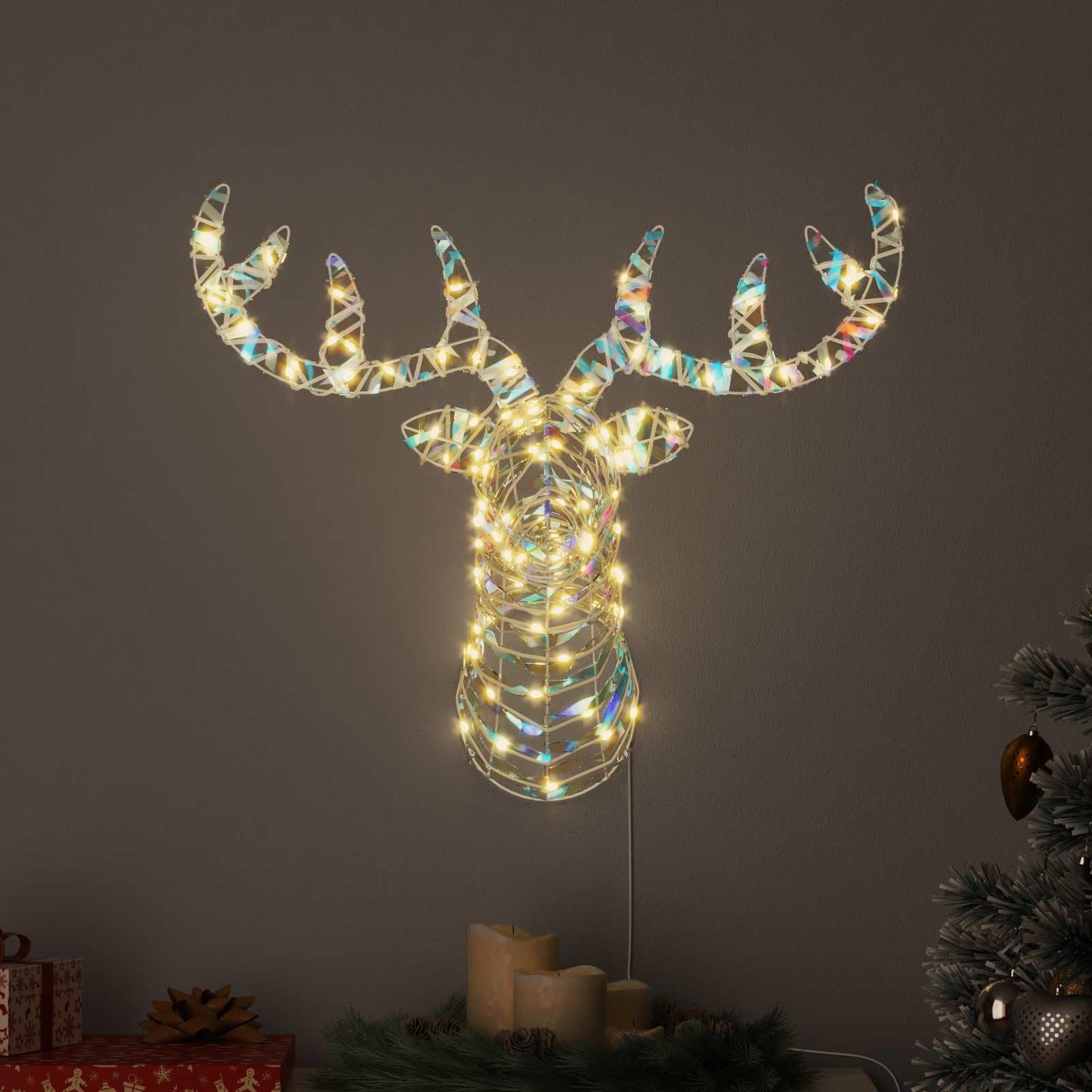 Trineo de reno blanco cálido 68 x 36,5 x 62,5 cm PET decoración navideña con iluminación LED para interiores y exteriores, decoración de temporada, duradero, fácil montaje