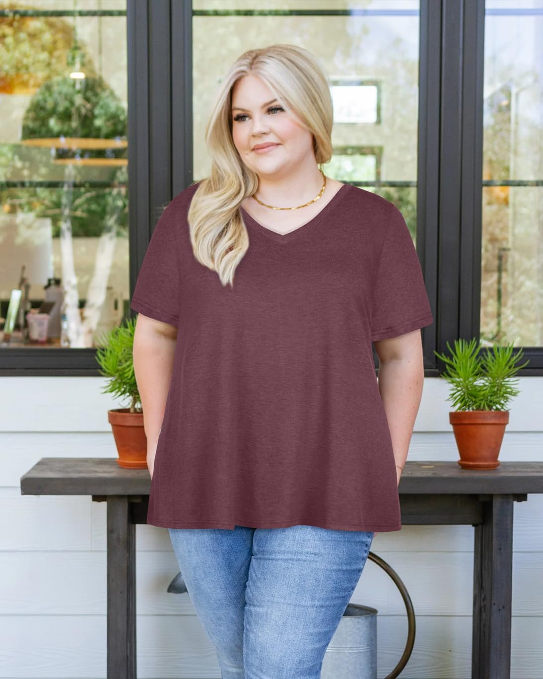 JOELLYUS Plus Size Tops for Women Summer Top Loose Fit Tee Shirts V Neck Short Sleeve Blouse - Image 2