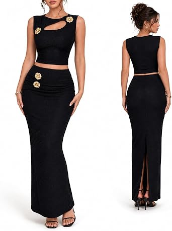 Fcteap Coquette Black Two Piece Outfit for Women Sleeveless Cutout Crop Top & Bodycon Maxi Skirt Set Party Date Balletcore