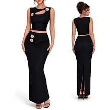 Fcteap Coquette Black Two Piece Outfit for Women Sleeveless Cutout Crop Top & Bodycon Maxi Skirt Set Party Date Balletcore