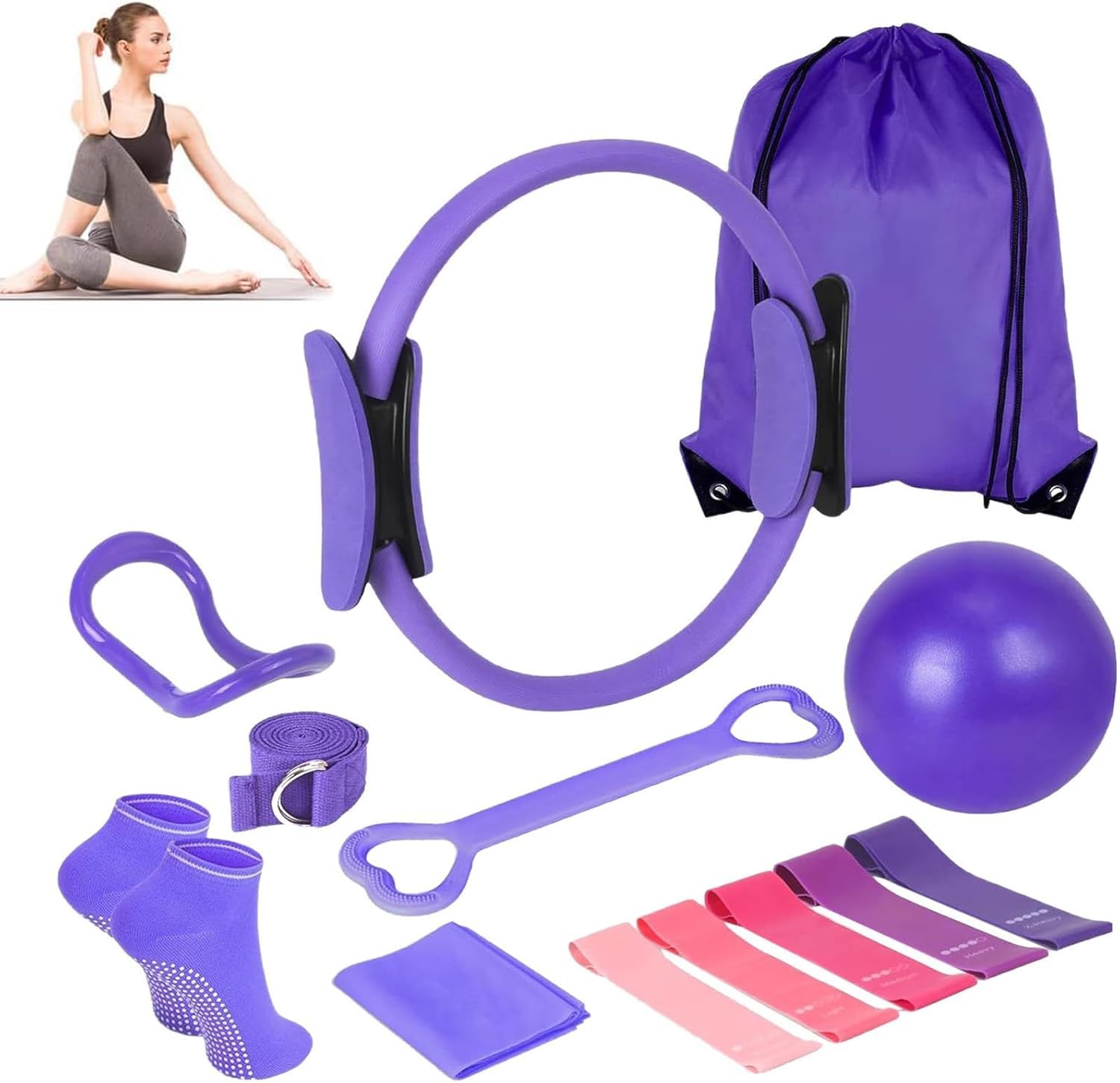 Pilates Essentials Kit for Women, 13-Piece Home Pilates Equipment Set Includes Pilates Ring, Resistance Bands, Yoga Ball, Accessories for Home Fitness Workouts & Beginners (Purple)