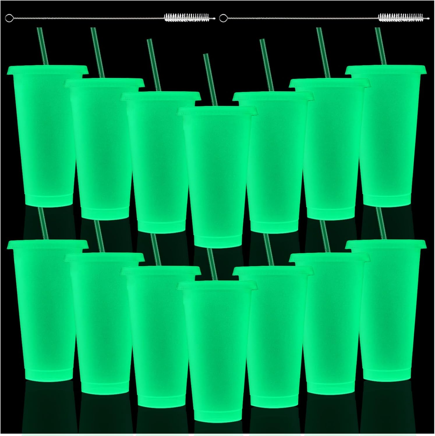 Honeydak 15 Pack 24 oz Glow in The Dark Cups Gift Bulk Light up Neon Plastic Tumbler with Straw and Lid Glow in The Dark Party Supplies Water Bottle Iced Coffee Mug Reusable(Fluorescent Green)