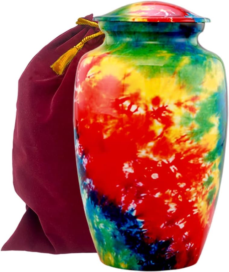 Tie-Dye Cremation Urn for Ashes - Large Memorial Urn for Human Ashes Adult Female & Male | Decorative Burial Urn for Women & Men | Funeral Cremation Urn with Velvet Bag