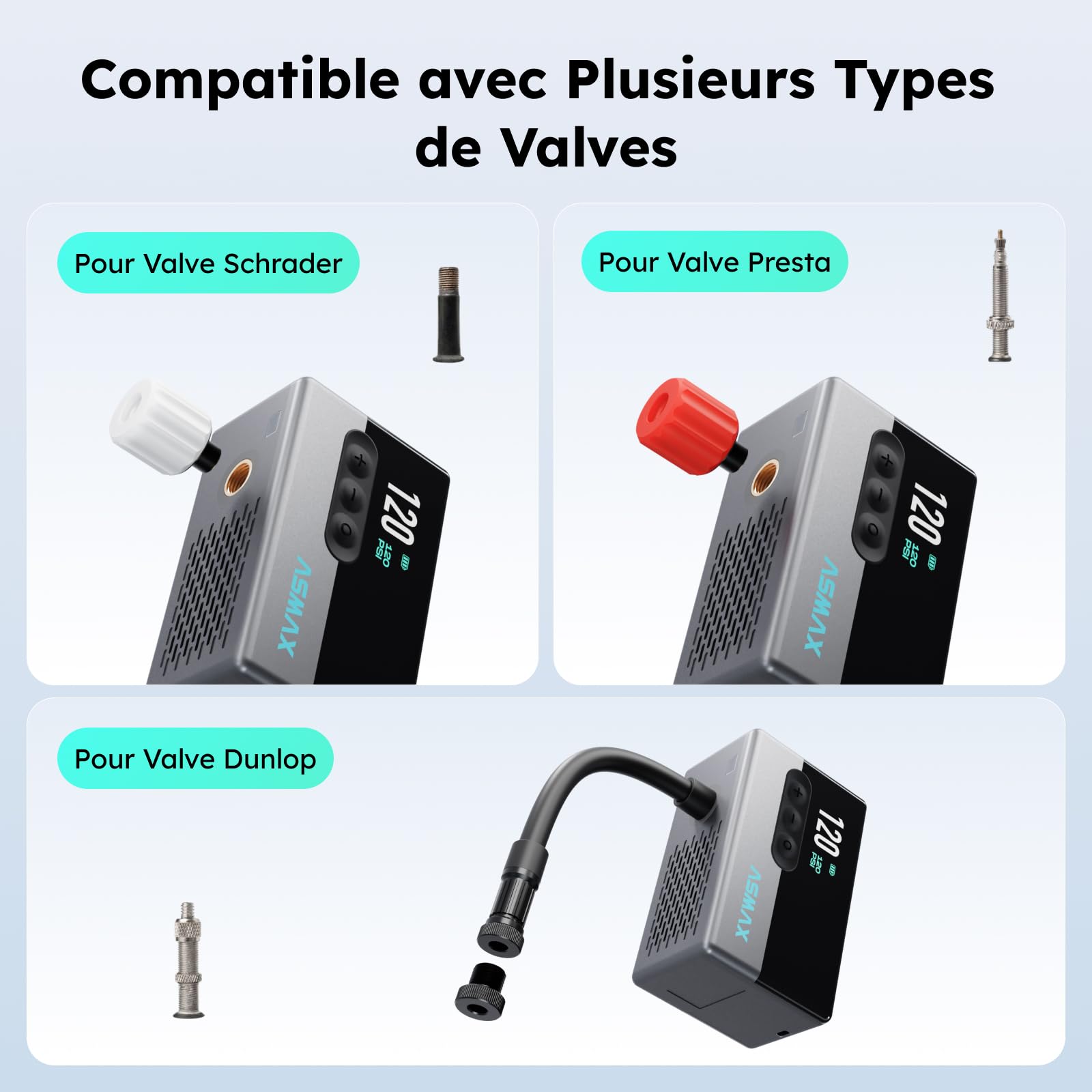 ASMAX Mini Pompe à Vélo, Tiny Pump 120 PSI avec Manomètre Numérique, Écran LCD, Valve Schrader et Presta, Batterie Rechargeable, Arrêt Automatique, pour Vélo Électrique, VTT, de Ville et Route, T30