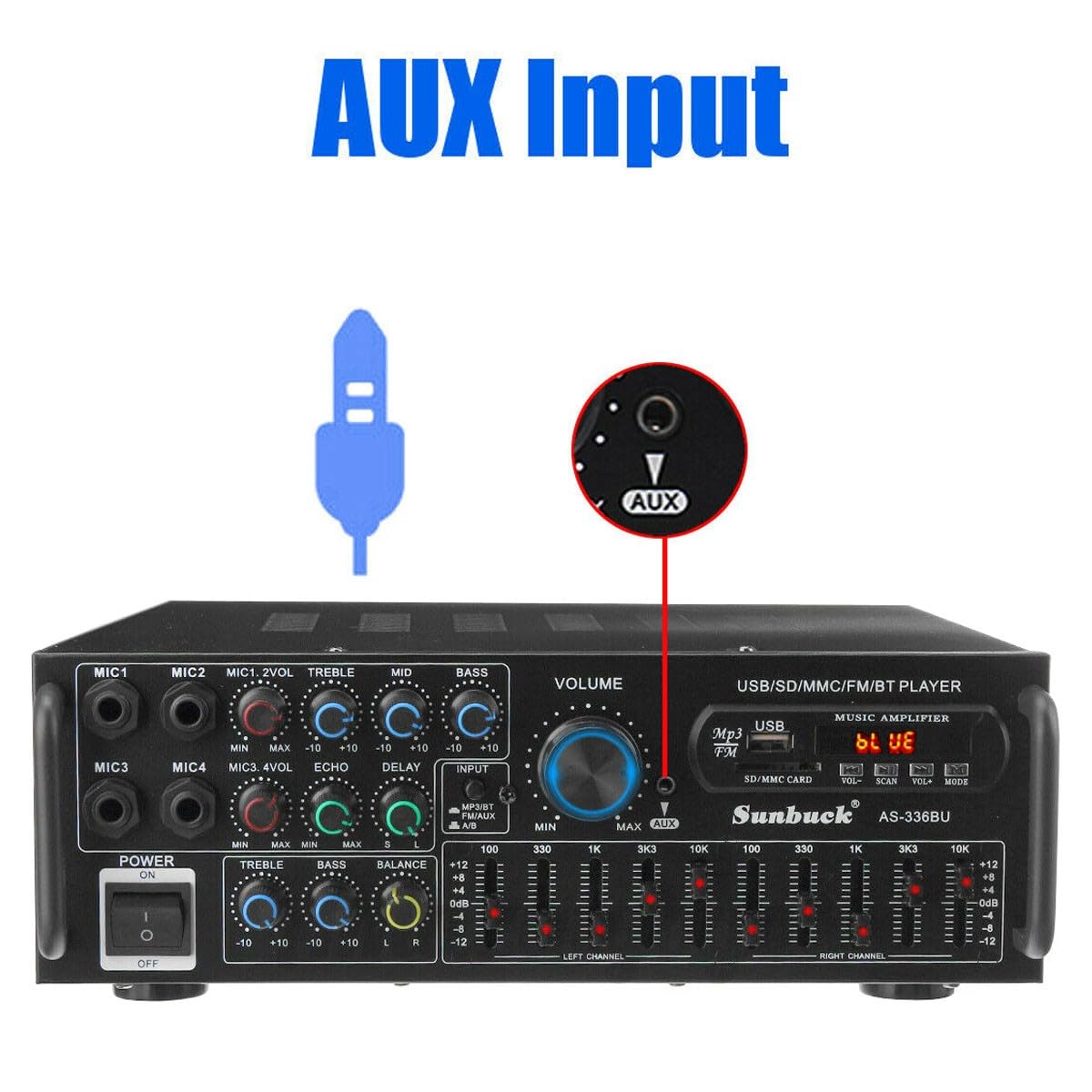 Amplificador Hifi estéreo con Bluetooth 5.0, 2000 W, receptor de audio, karaoke FM USB SD AUX, preamplificador Hifi 5 bandas, mezclador ecualizador de 5 bandas, 4 entradas de micrófono,