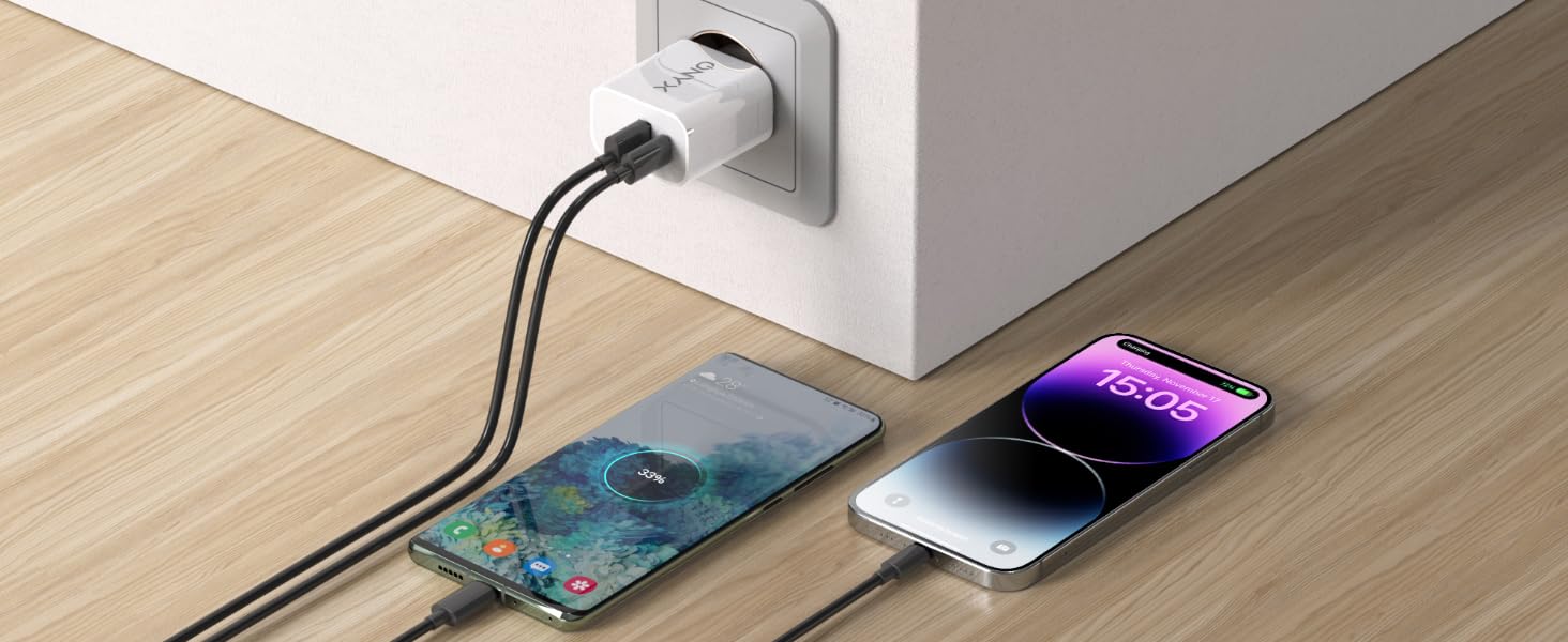 ONYX Caricatore iPhone 25W – USB-C + USB-A con ricarica rapida PD e QC | Caricabatterie rapido da muro per iPhone, iPad, Samsung | Alimentatore compatto universale | Caricatore usb c Android