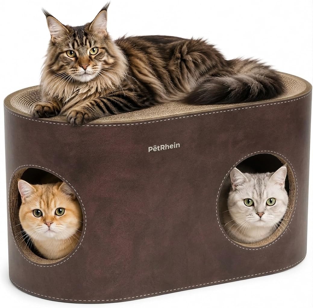 PetRhein Kratzbrett für Katzen aus Kratzpappe,3-in-1 großes Katzenhöhle mit Kratzmatte & Katzenbett – 64 x 35 x 36 cm– Stabiles Kratzpappe, Minimalistisches Kratzmöbel für Katzen(Leder)