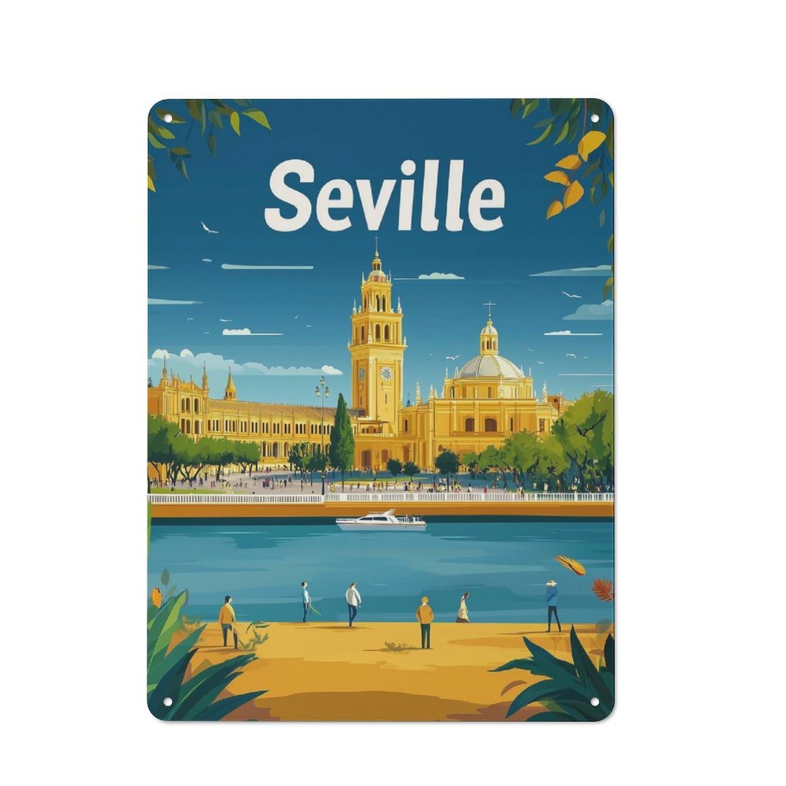 Junmoney Seville Minimal Travel Art Tin Wall Plaque 40X30cm With For Pub Or Café, For Hospitality Wall Decor Collectors