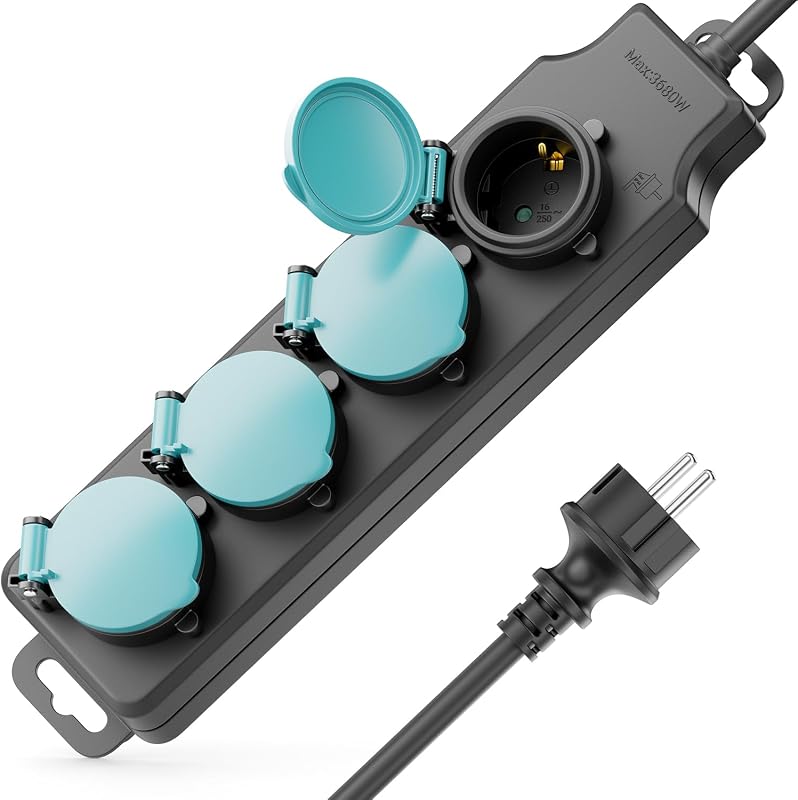 deleyCON Multiprise Extérieure 4 Prises IP44 avec 10m Câble - Bloc Multiprise pour Usage Extérieur 4X Connexions avec Couvercle - Idéal pour Jardin Terrasse Balcon Cave Garage
