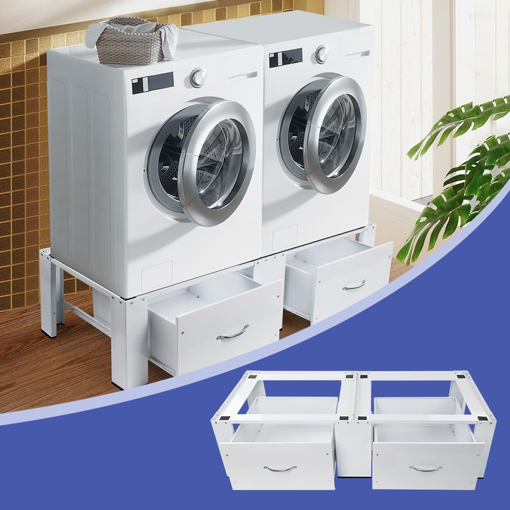 Base de metal doble para lavadora con cajón – 126 (largo) x 54 (ancho) x 32 (alto) cm, estable de 2 compartimentos para lavadoras, pedestales para secadoras, frigoríficos
