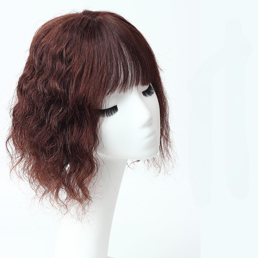 5×5inch Base Clip in Toppers Medium-long Curly Hair Human Hair Wiglet Hairpiece with Bangs for Thin Hair (Dark brown,30cm Red net)