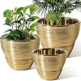 JOFAMY 3 Pack Gold Planters for Indoor Plants, 7.1/6/5 Inch Gold Plant Pot Brass Flower Pots with Drainage Hole, Silicone Plugs & Mesh Pads Ideal Gifts for Home Decor, Birthday, Wedding