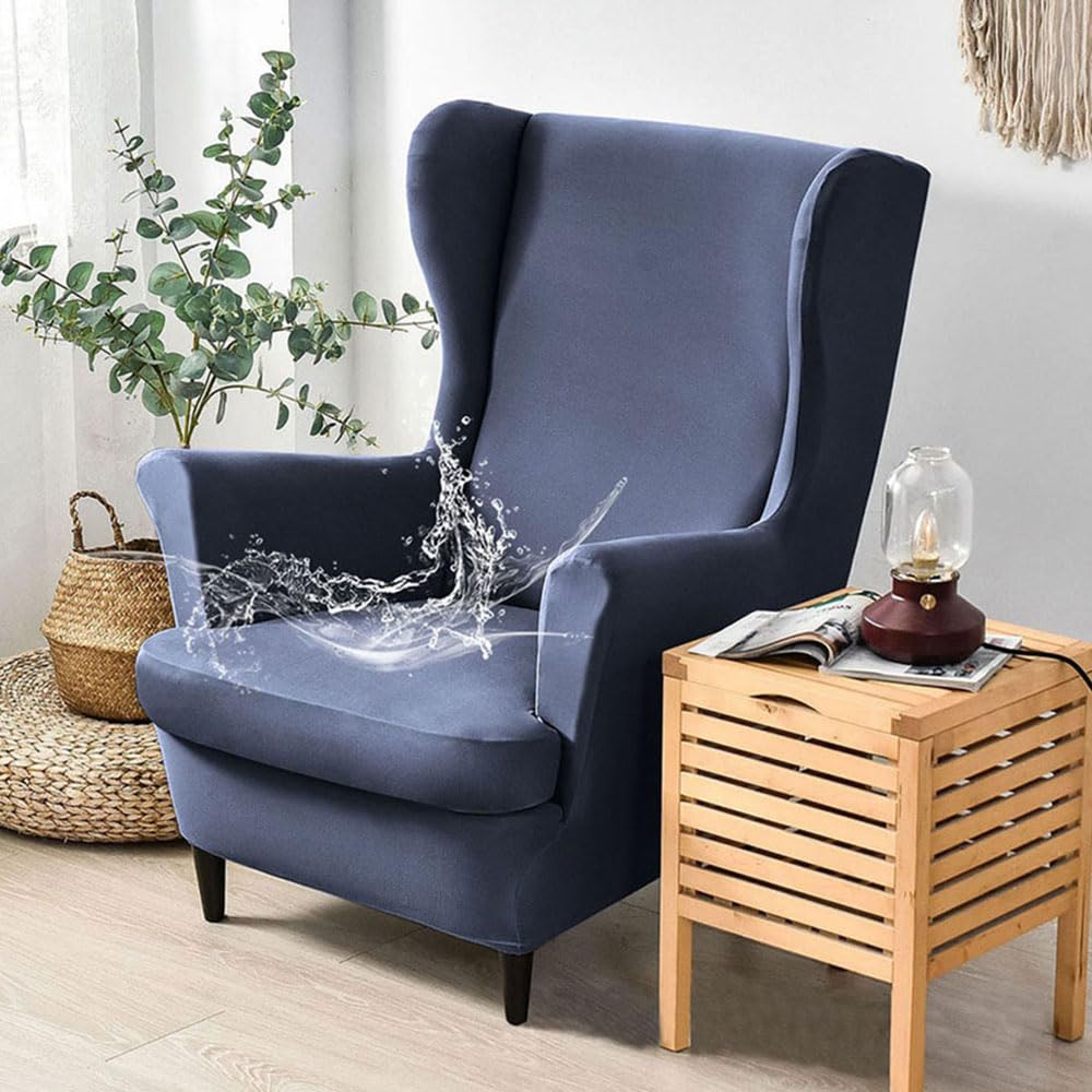 Chickwin Funda Sillon Orejero Elástica Impermeable, Funda Sillon Orejero con Cojin Separado, Funda Color Sólido Sencillo Sofa 1 Plaza, Fundas para Sillones Orejeros Lavables (Azul Marino)