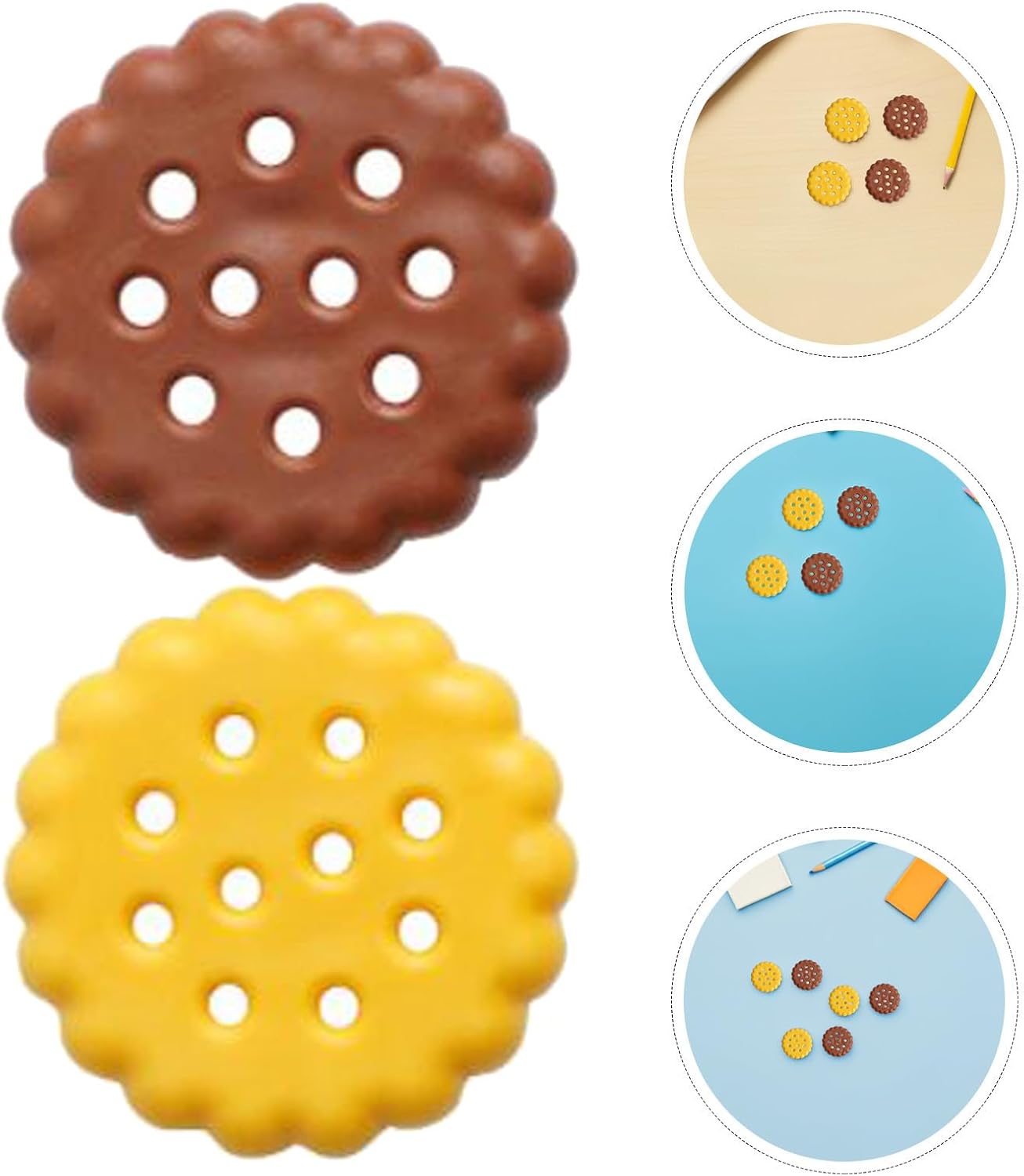 VICASKY 60pcs Realistic Cookie Shape Eraser in Brown and Yellow Rubber, Cute Kawaii Cartoon Design, Portable and Soft Eraser that Removes Pencil Marks, for School Supplies and Goody Bag