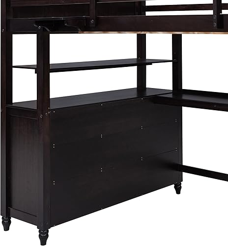 Miniatura 45 de Cama alta funcional tamaño individual con 2 cajones y 2 armarios, base de cama de madera maciza con barandilla de seguridad y escalera de