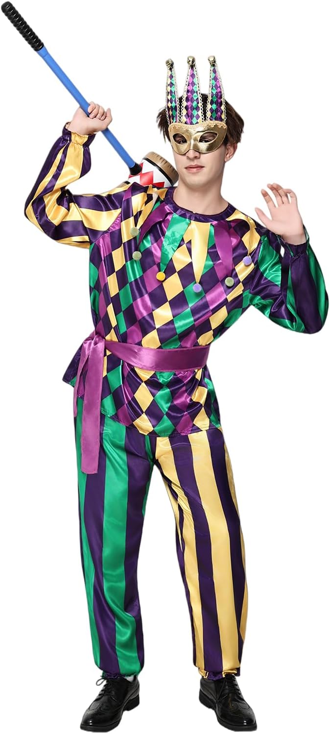 EraSpooky Mens Mardi Gras Jester Costume Deluxe Adult Carnival Parade Outfits - Image 4