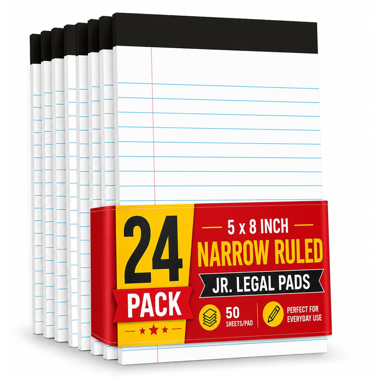 1InTheOffice Jr Legal - Bloc de notas legales pequeños, 12,7 x 20,3 cm, bloc de notas con rayas estrechas, blanco, 50 hojas/bloc, 24 blocs por paquete