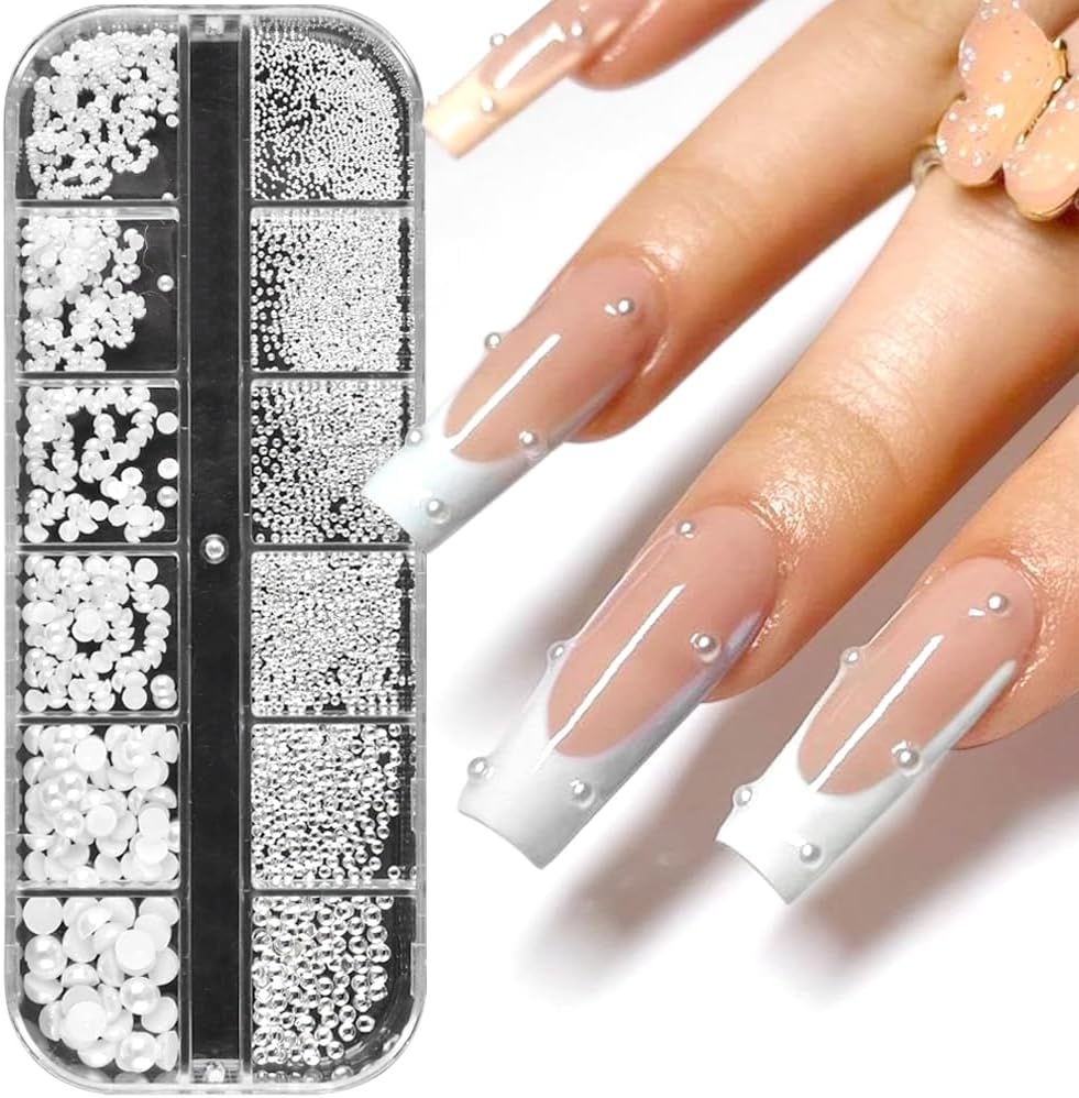 Dornail 1 Box/12 Grids Nail Art White Pearls for Nails Half Round Pearl Beads Nail Charms,Small Stainless Steel Beads Caviar Beads White Flatback Pearls for Women Nail Decoration DIY Nail Art Crafts