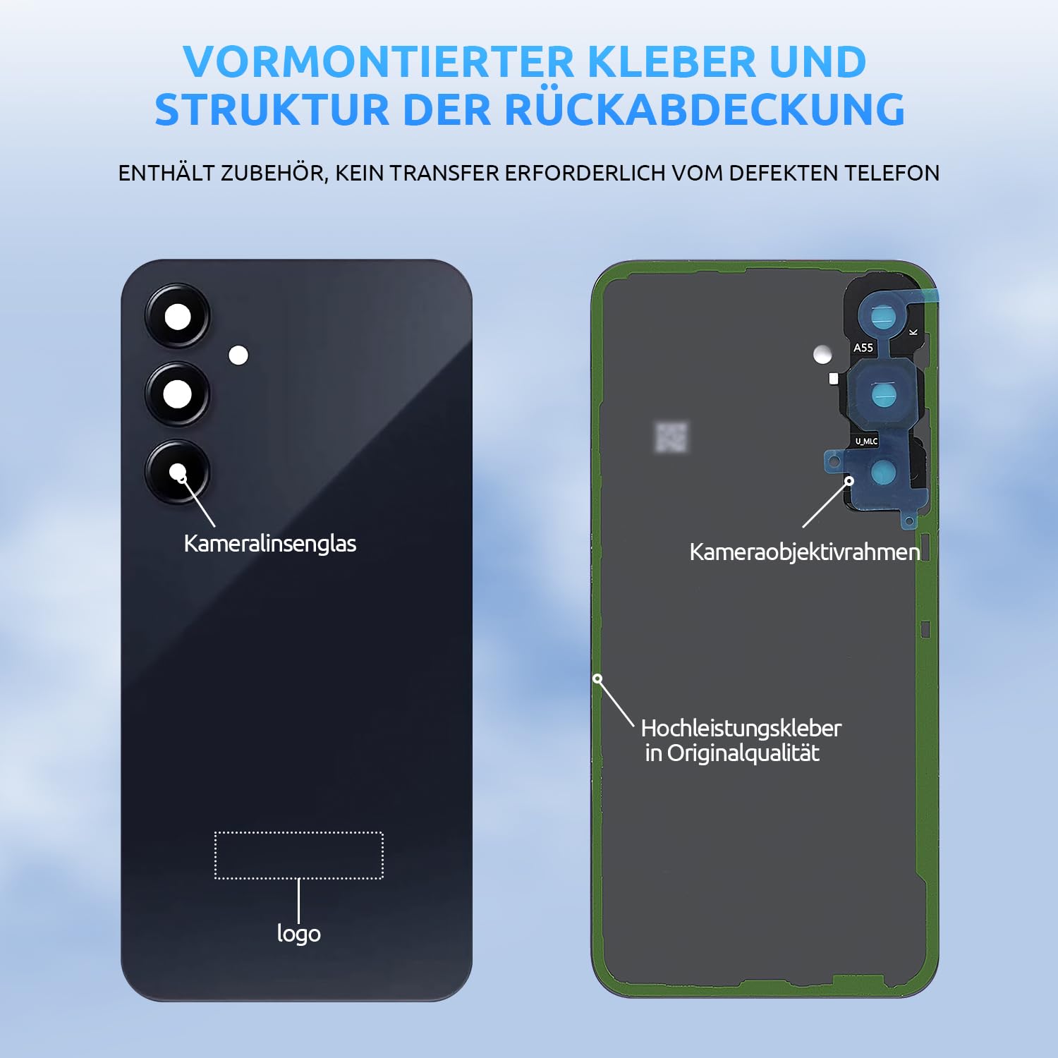 Akkudeckel für Samsung Galaxy A55 SM-A556 Schwarz | Backcover Original Qualität Rückseite Akkudeckel Rückseite Glas Back Glass Backcover Glas mit Kameraglas Reparatur Set.