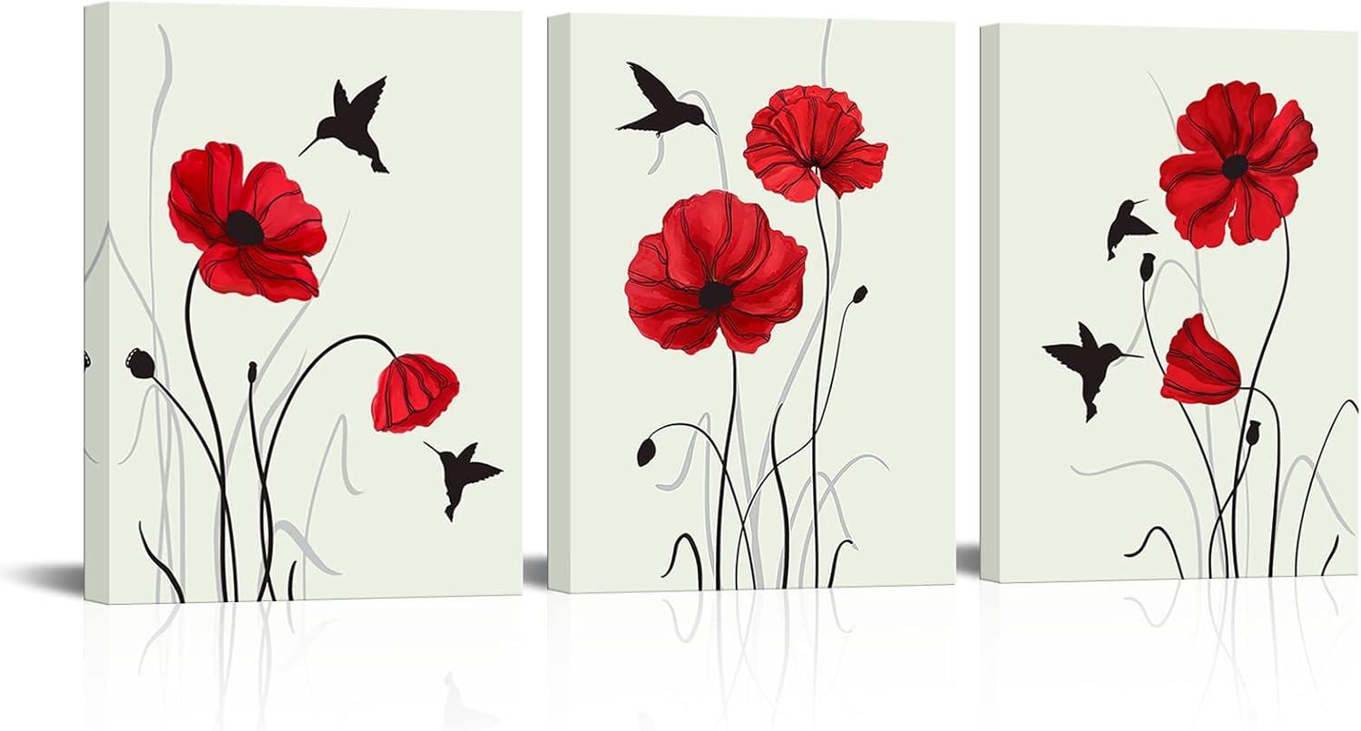 Biuteawal 3 Panels Red Poppy Picture Prints on Canvas Hummingbird with Flower Painting Wall Art Retro Flower Artwork Home Dining Room Bedroom Bathroom Framed Ready to Hang