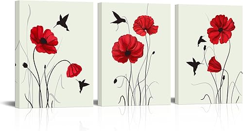 Biuteawal 3 paneles de cuadros de amapola roja sobre lienzo, colibrí con pintura de flores, arte de pared retro, arte de flores para el hogar,