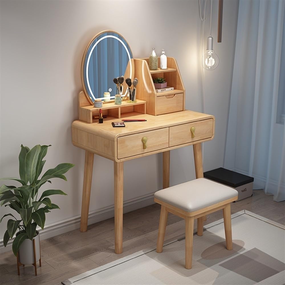 NDKJSF Wooden Dressing Table with Stool, Makeup Table with Adjustable Light Mirror, Work Table with Drawers, Large Storage Table(Khaki,27.6in)