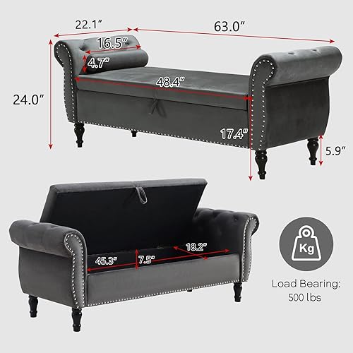 Miniatura 17 de NIOIIKIT Banco otomano de almacenamiento de 63 pulgadas, de piel sintética, banco de entrada con botones, sofá otomano armado enrollado, banco largo