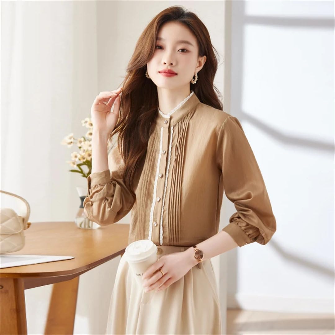 Blusa de manga larga con botones para mujer, estilo vintage, elegante, con cuello alto, para oficina