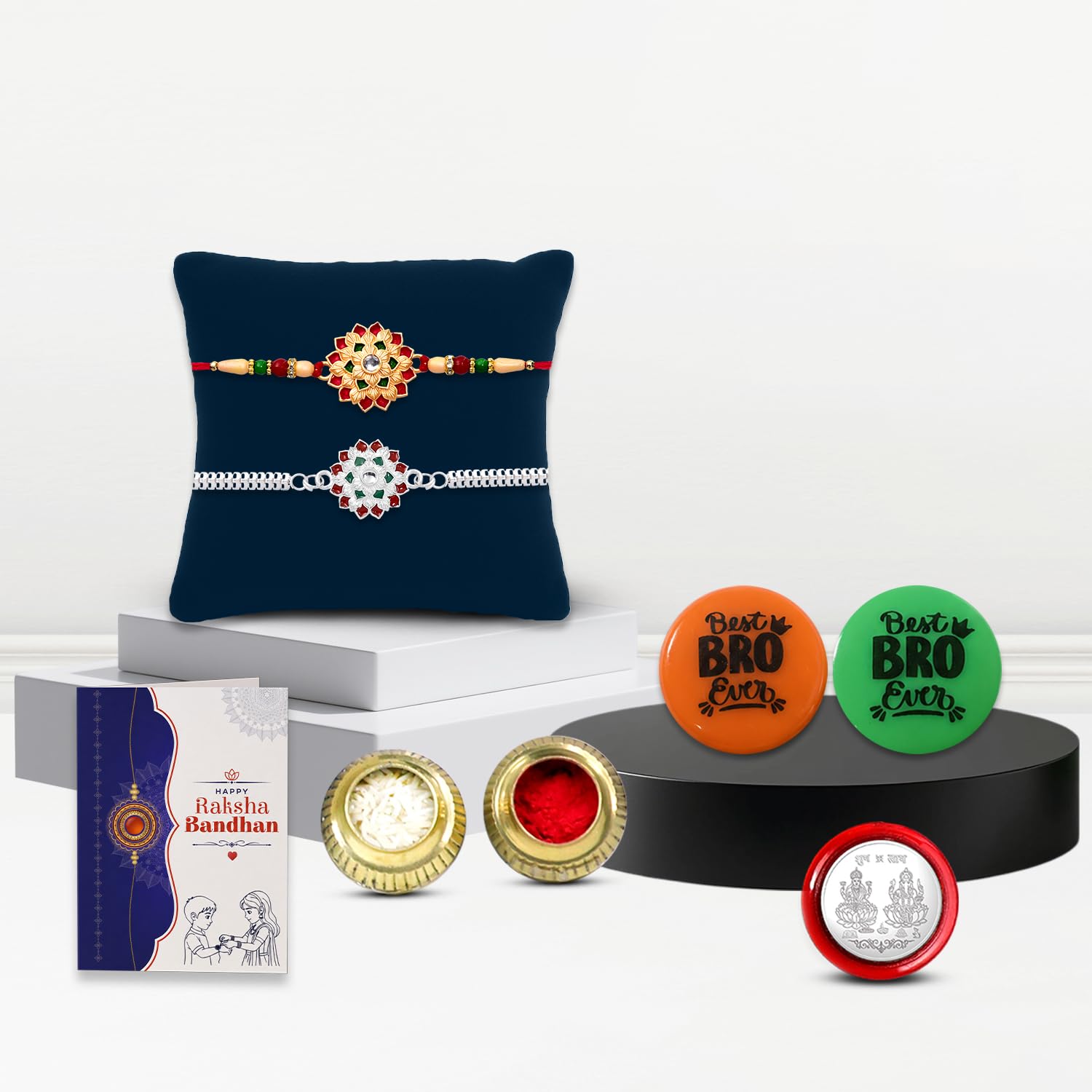 Oblivion Rakhi Set for Brother (Set of 2) – Sunflower Stylish Rakhi Combo with Roli Chawal, Silver Color Coin, Multicolour Magnets & Greeting Card – Traditional Raksha Bandhan Gift Hamper for Bhai