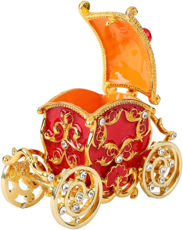 Retro Carriage Jewelry Trinket Box Enamel Ring Hold Boxes Hand-Painted Vintage Ornaments Craft Gift for Women Girls (Red)