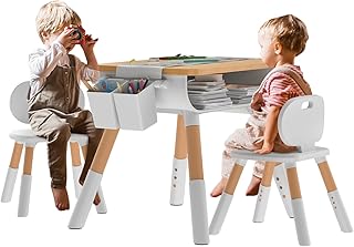 Toddler Table and Chairs, Kids Table and Chair Set, Kids Table and 2 Chairs Set, Adjustable Height, Built-in Storage, Modern Design for Kids Arts & Crafts, Snacks, Homework & Play