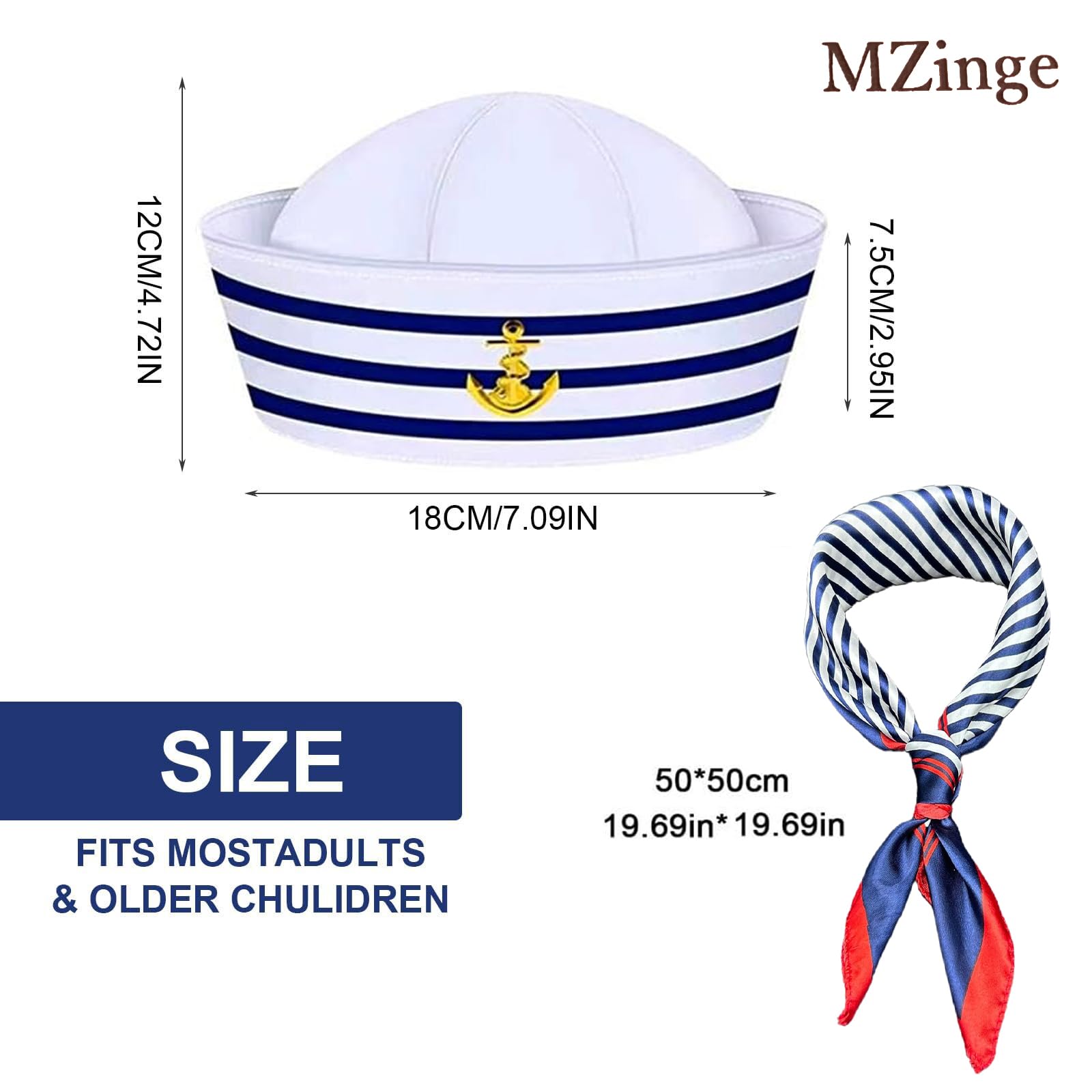 MZinge Adjustable Yacht Captain/Sailor/Ship Boat Cap -Captains Costume Accessories. Blue with White Scarf - Image 2
