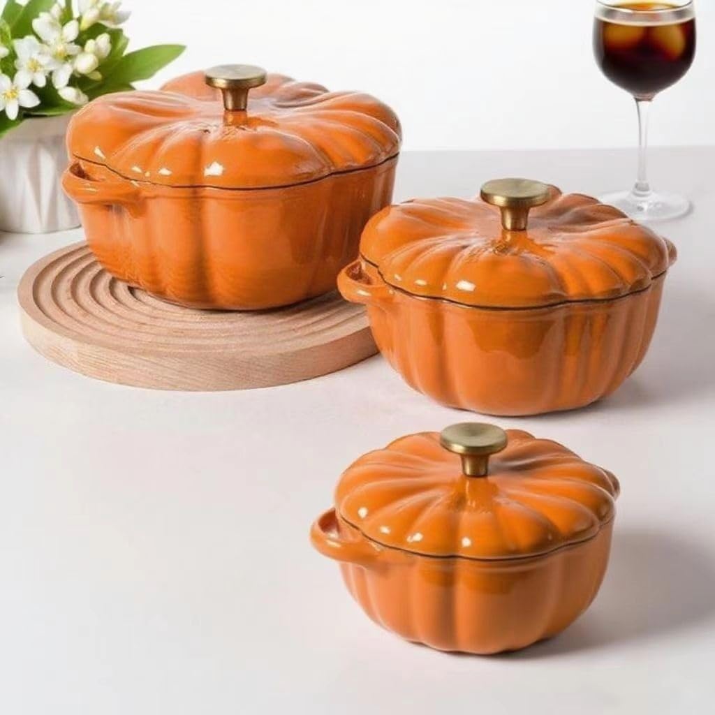 Pumpkin enameled cast iron pot with lid, pumpkin soup pot. Unique shape, concave and convex shape, 360° surround heating, non-stick bottom, Christmas and Thanksgiving gifts(Pink)