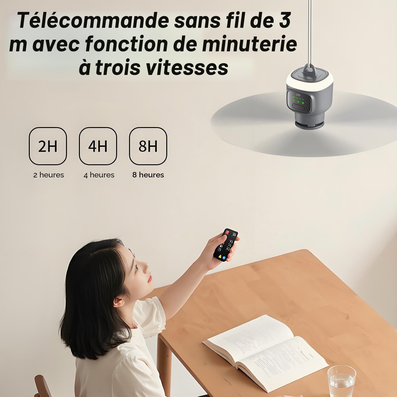 Ventilateur de plafond à batterie de 45 cm, rechargeable, 12 000 mAh, avec télécommande et lumière LED, 4 niveaux, silencieux, avec minuterie de 2/4/8 heures, ventilateur de camping portable pour