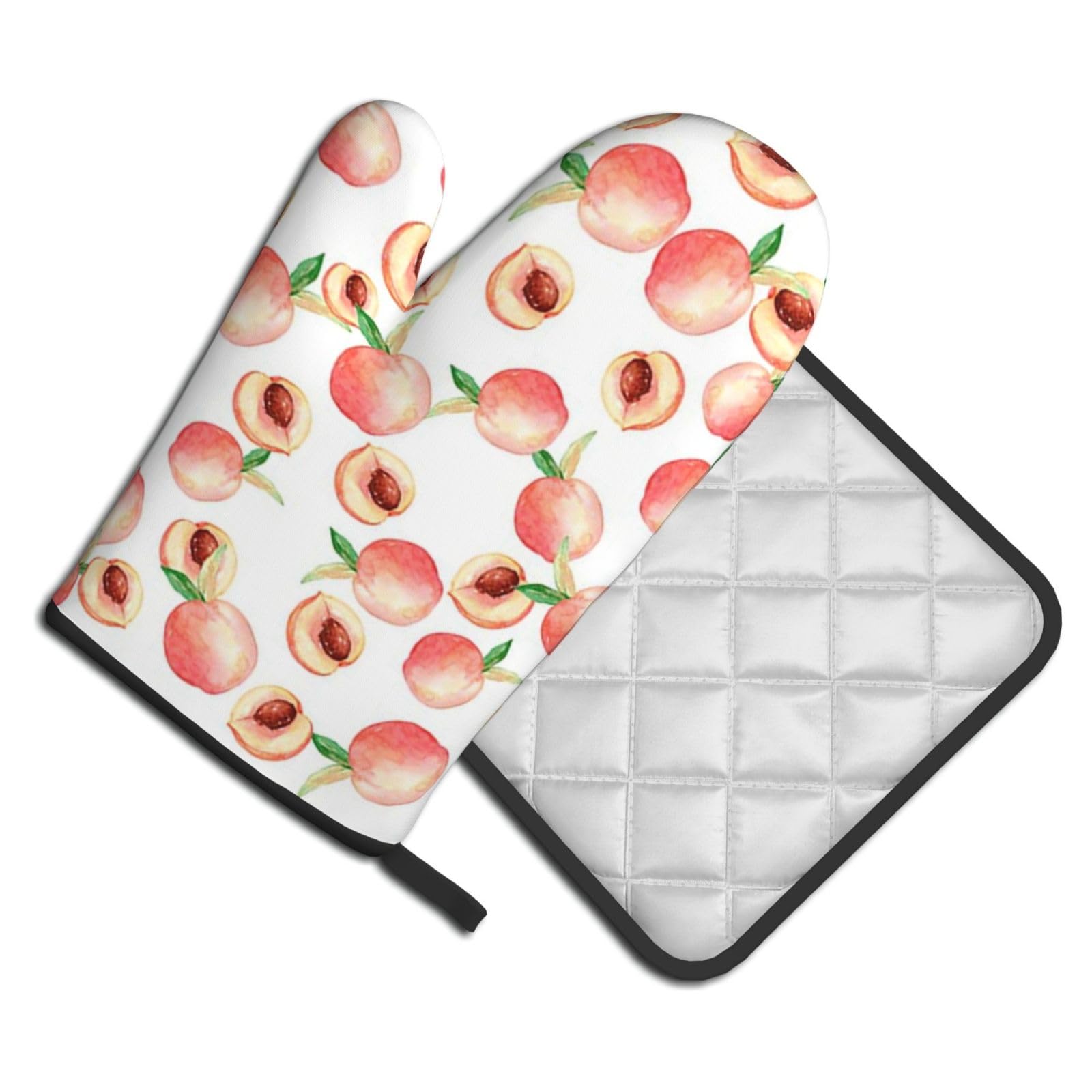 Oven Mitts and Pot Holders Set of 2 Pcs, Watercolor Peach Printed Heat Resistant Kitchen Gloves Potholders for Cooking Baking Grilling