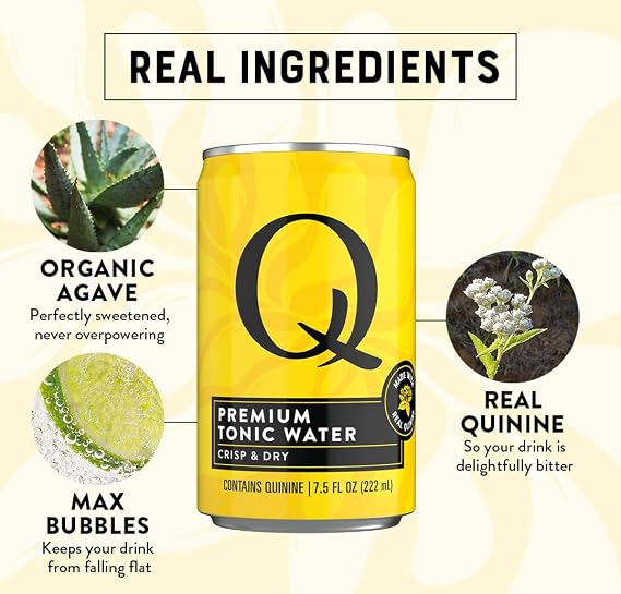 Q TONIC WATER with Real Quinine & Organic Agave - Ideal for Cocktails & Mocktails - Made with Real Ingredients, Perfectly Carbonated & Less Sweet - 45 Calories per Can - 7.5 Fl oz (Pack of 24)