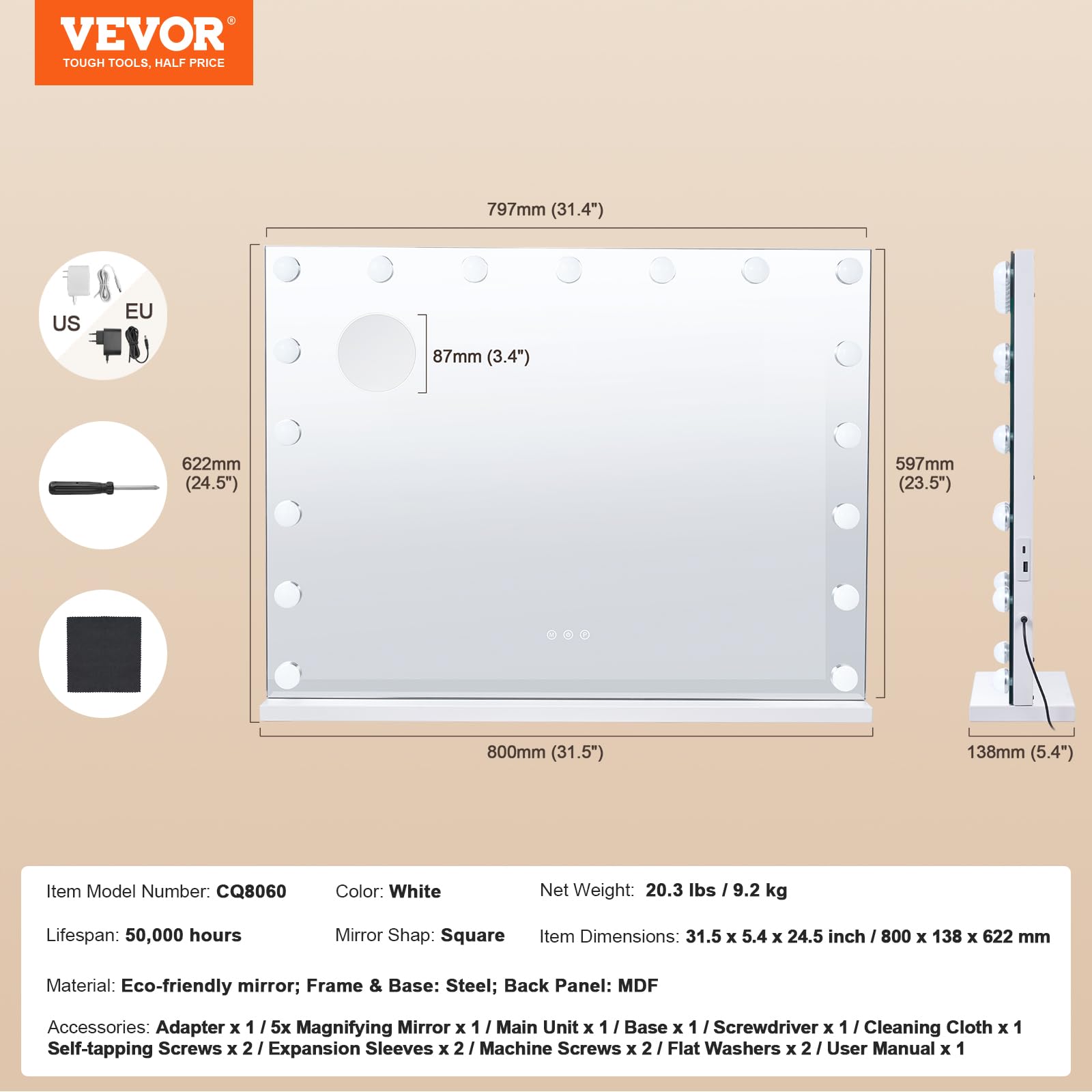 VEVOR Hollywood Schminkspiegel mit Beleuchtung, dimmbare Glühbirnen & 3 Farbbeleuchtungsmodi, Kosmetikspiegel mit Abnehmbarer 5-facher Vergrößerung, USB, Typ C, Smart-Touch-Steuerung, 791x597mm