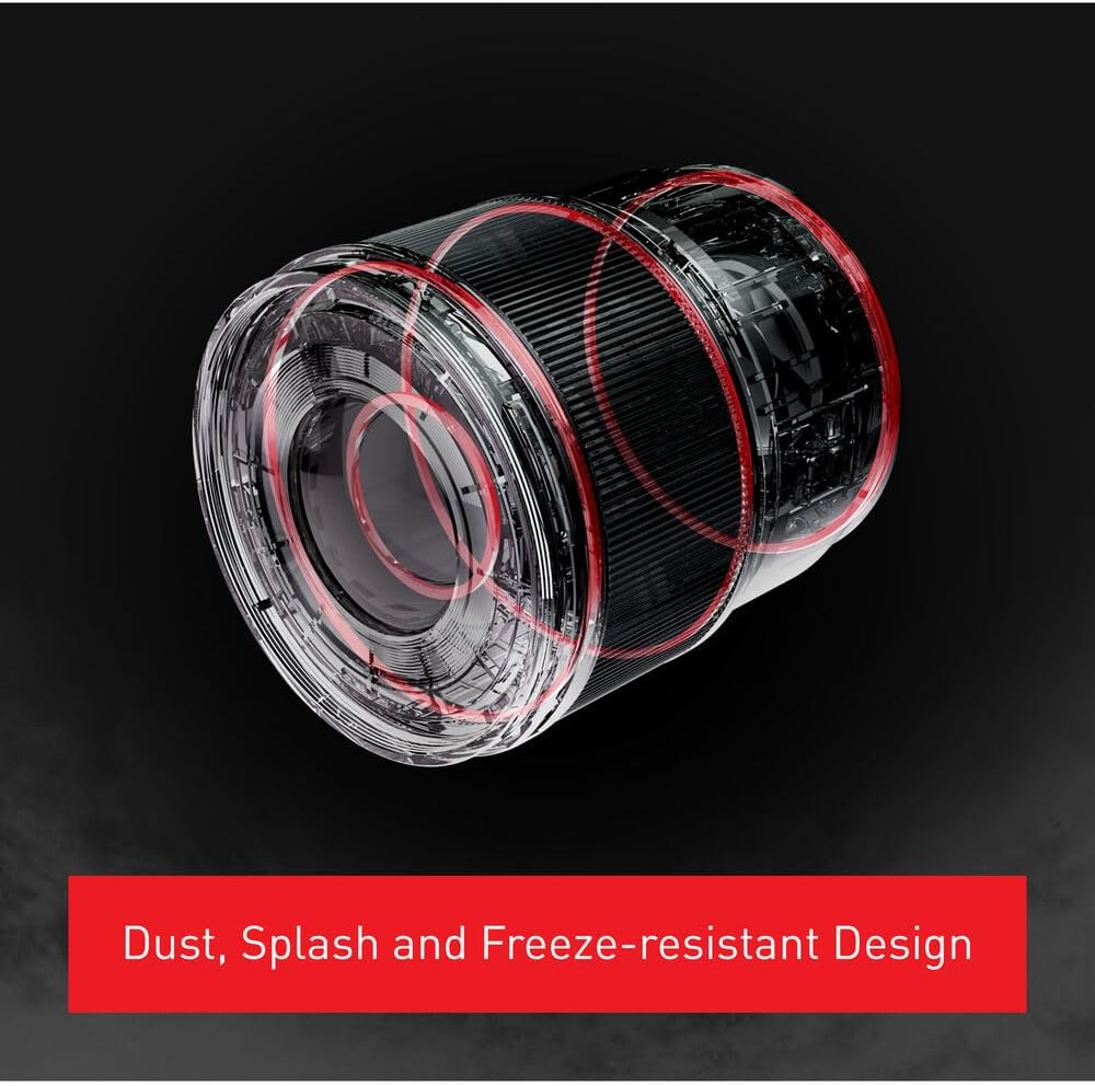 Internal diagram of Panasonic Lumix S 35mm f/1.8 lens with text 'Dust, Splash and Freeze-resistant Design'