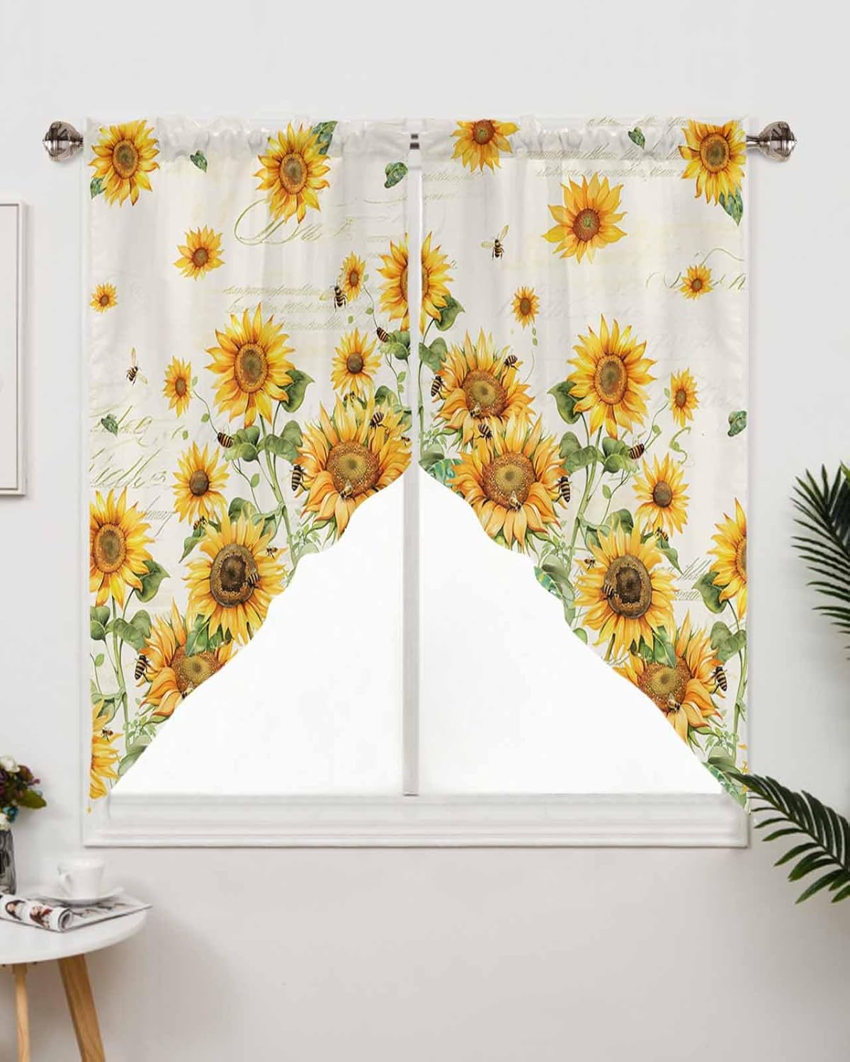 Sunflowers Swag Valances Kitchen Curtains 45 Inches Length, Yellow Botanical Floral Tier Drapes Swag Topper, Country Flowers Plants Bee Short Window Treatments for Bedroom Bathroom 2 Panels 36"x45"