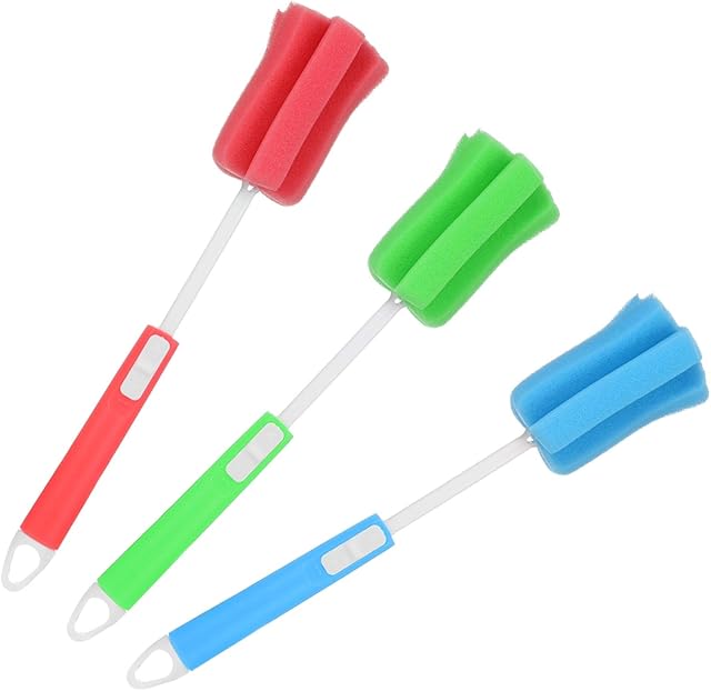 Opopark 3Pcs Sponge Bottle Brushes with Adjustable Long Handle, Soft Dishwashing Foam Cleaning Brushes for Cups Mugs Kettles Wine Glasses and Baby Bottles
