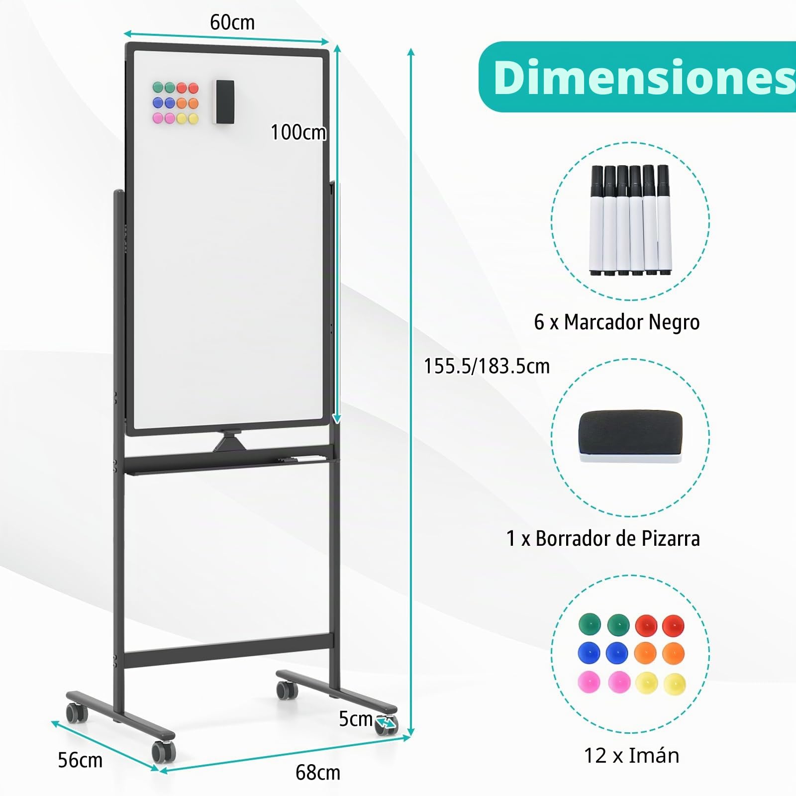 GIANTEX Pizarra Blanca Móvil de Doble Cara, 60 x 100 cm, Pizarra Magnética con Patas Ajustable en 2 Niveles, con Borrador en Seco, Marcadores Negros, Imanes, Pizarra de Caballete con Ruedas (Negro)